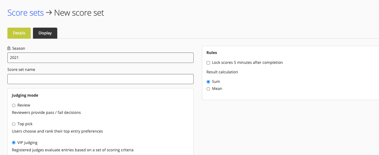 VIP judging radio button in judging mode area of a score set