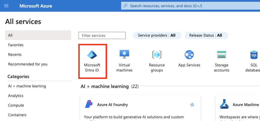 Screenshot of services in Microsoft Azure