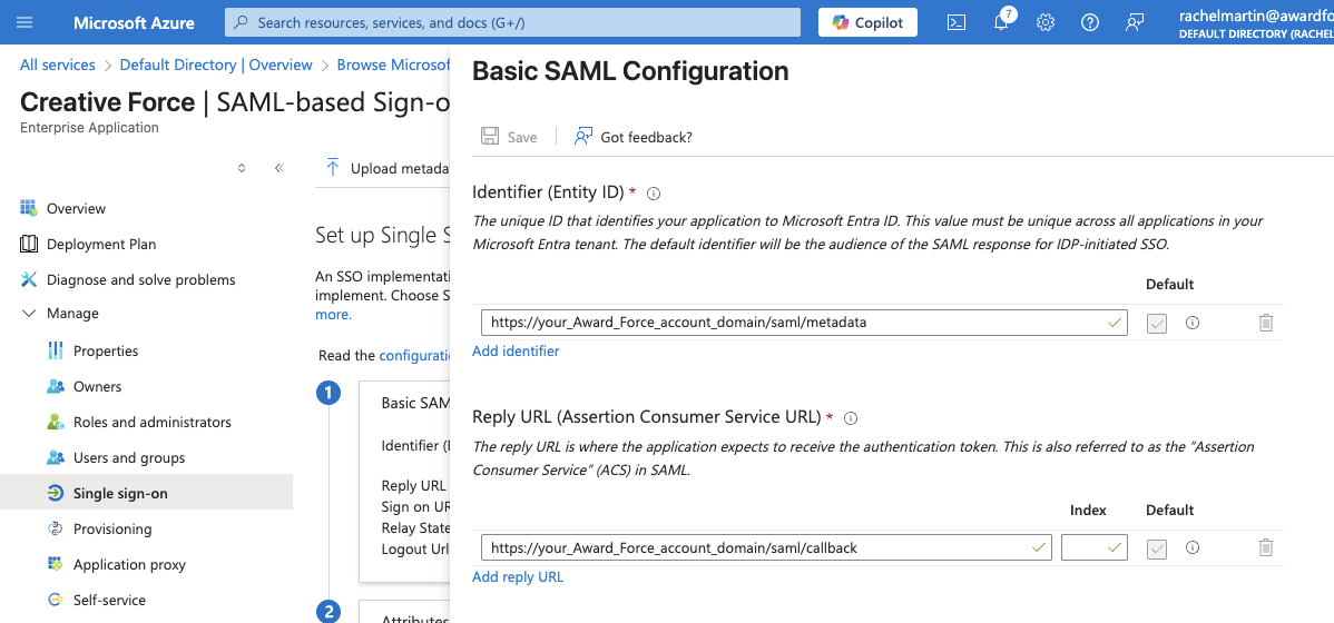 Screenshot of basic SAML configuration
