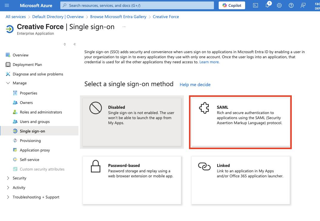 Screenshot of SAML button