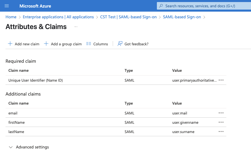 Screenshot of attributes and claims