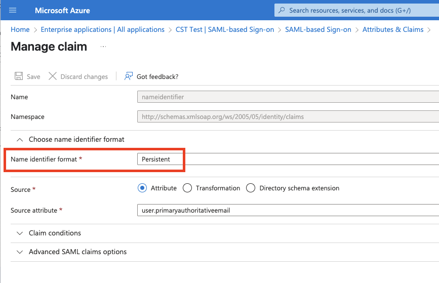 Screenshot showing where to set persistent name identifier
