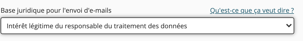 image montrant les options à partir du menu déroulant 'base juridique pour l'envoi d'emails