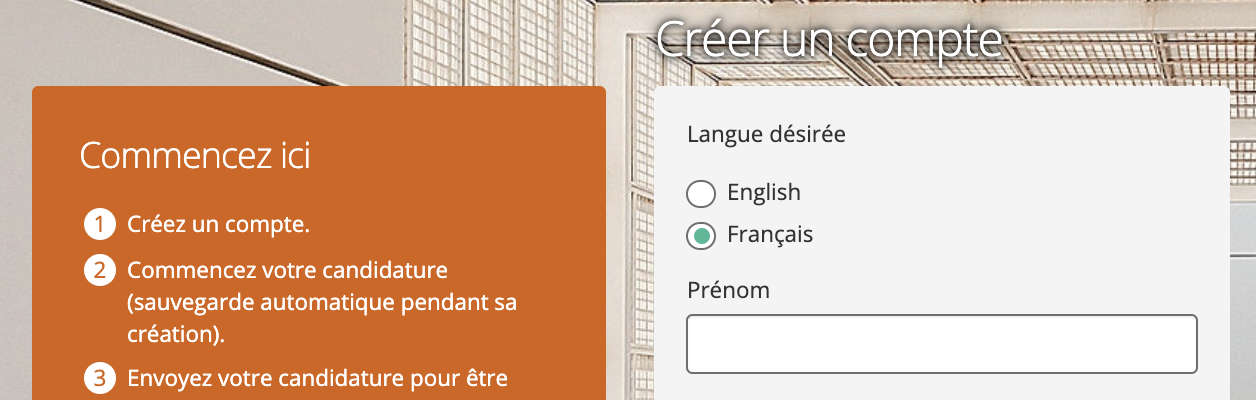 image montrant le formulaire d'inscription avec les langues à sélectionner