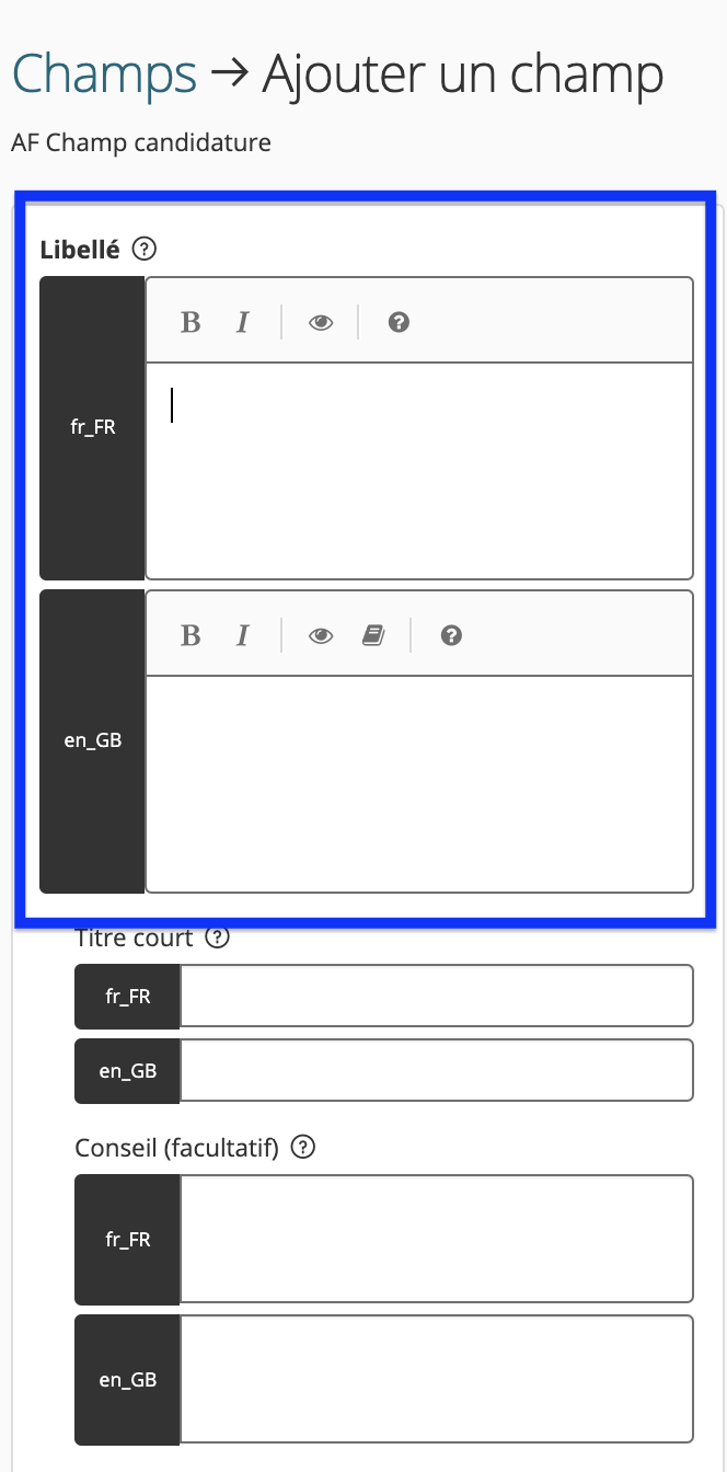 image montrant les sections à compléter pour chaque langue