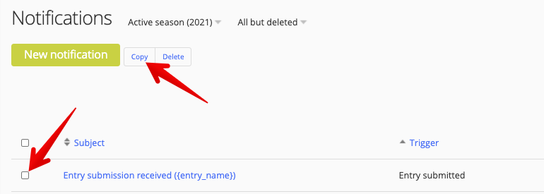 Copy notifications button and checkbox