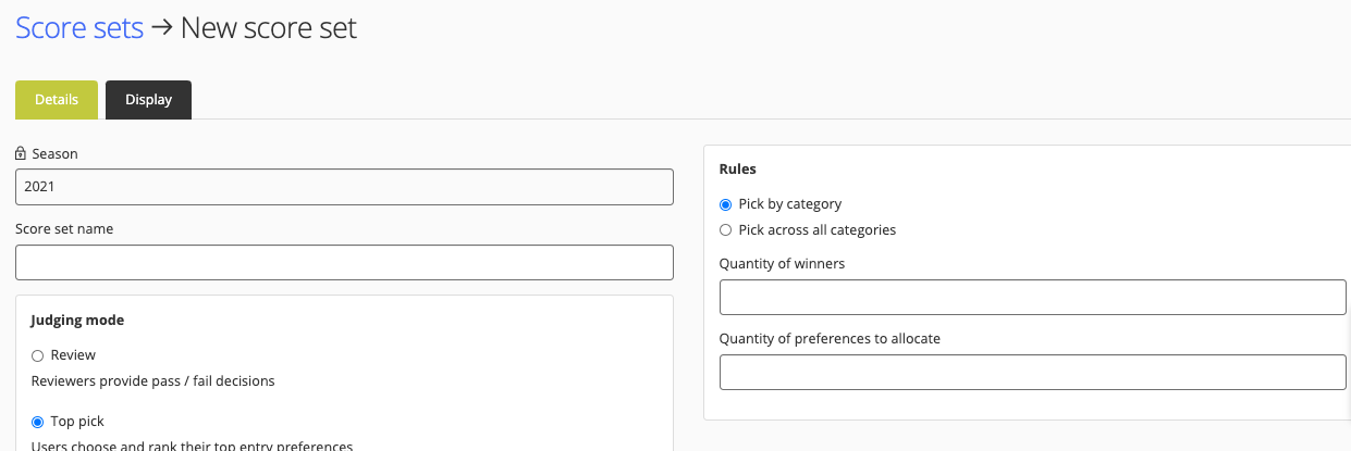 Top pick radio button selected in a score set