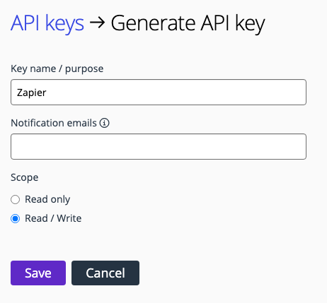 Generate API key screen