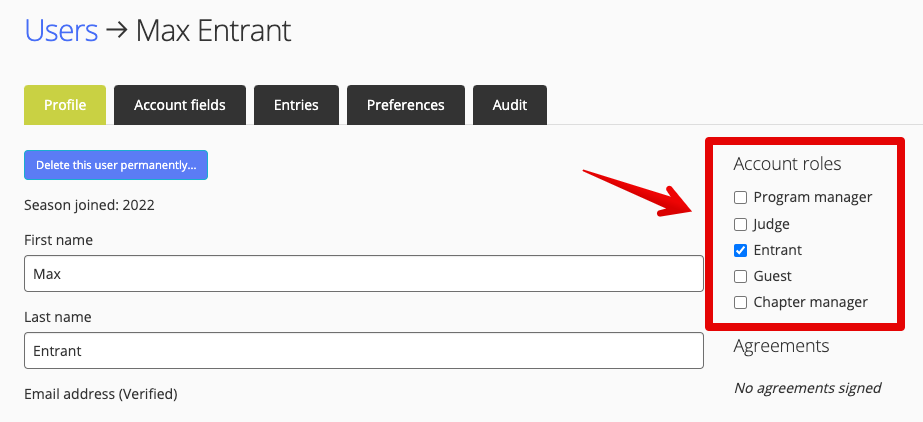 Account roles checkbox list