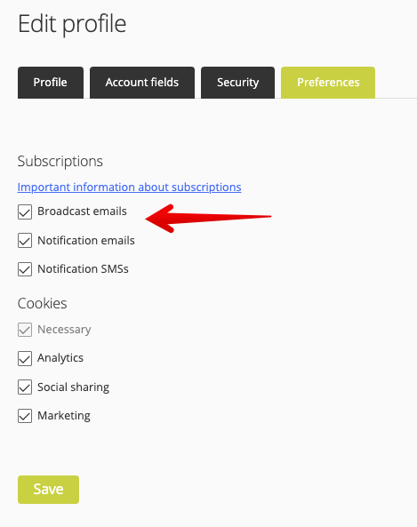 Subscription options for broadcasts and notifications in the Preferences tab of your user profile