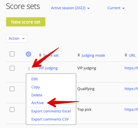 Archive option in ellipsis drop-down for a score set