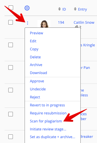 Entry ellipsis menu with 'Scan for plagiarism' option