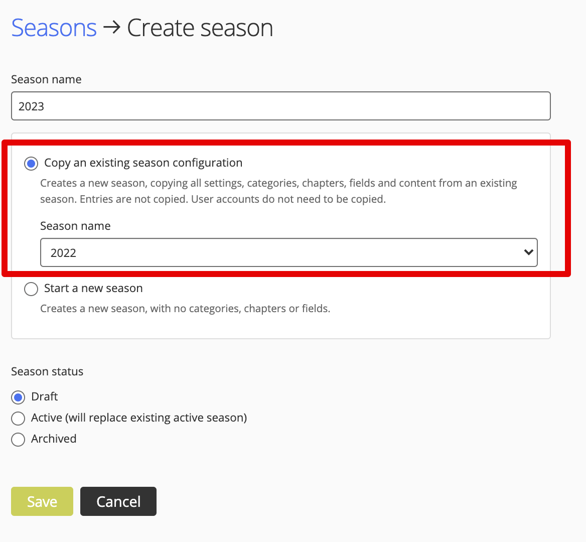 Copy existing season option