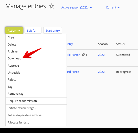Download option in Action drop-down