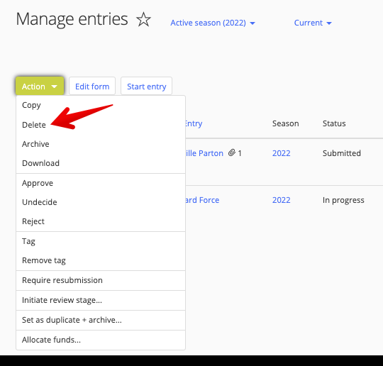 Delete in Action drop-down
