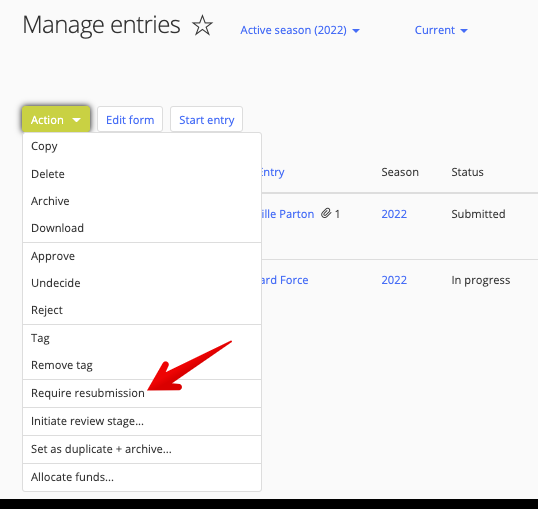 Require resubmission in Action drop-down