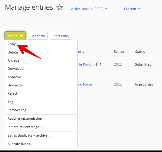 Copy option in Action drop-down
