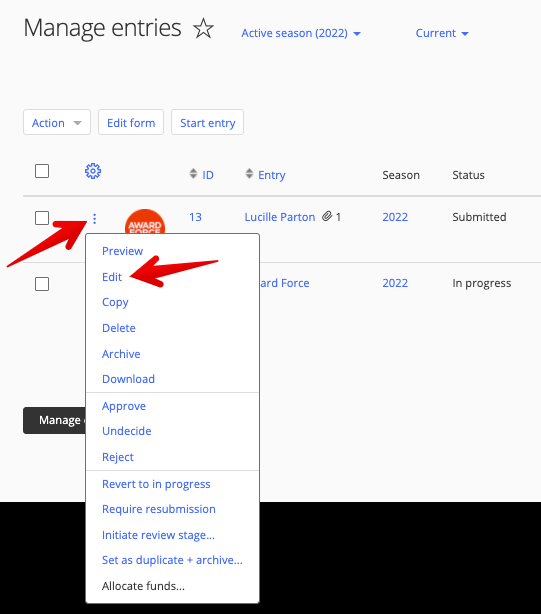 Edit option in ellipsis menu