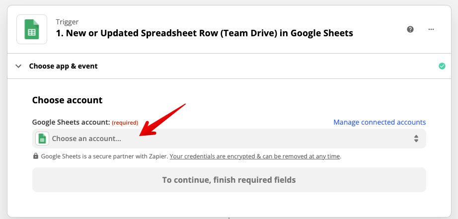 Choose an account drop-down