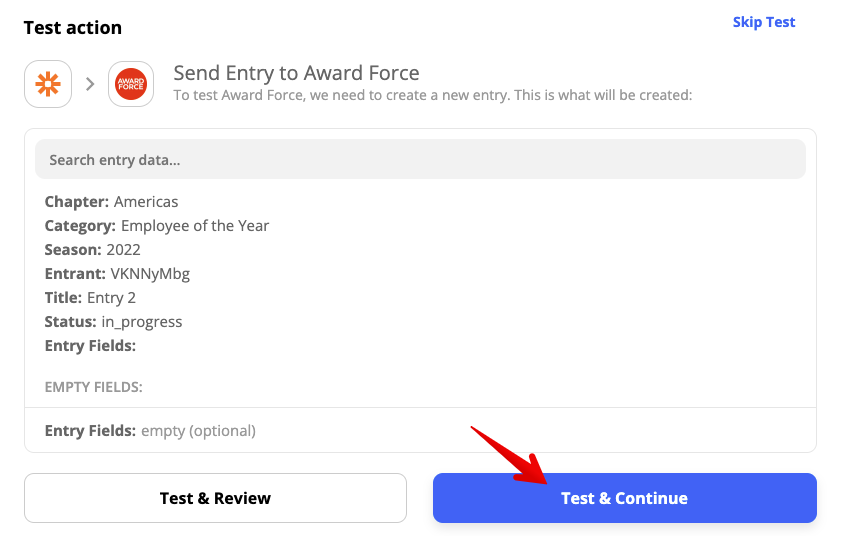 Test & Continue button