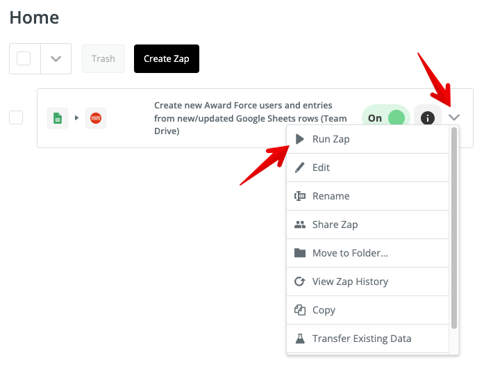 Run Zap option in drop-down