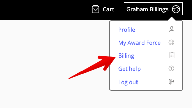 Billing link when clicking on your name in the top corner of the page