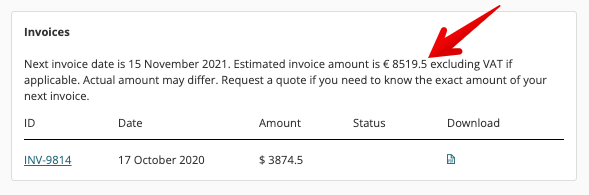 Estimated renewal amount found in the Invoices tab of the billing portal