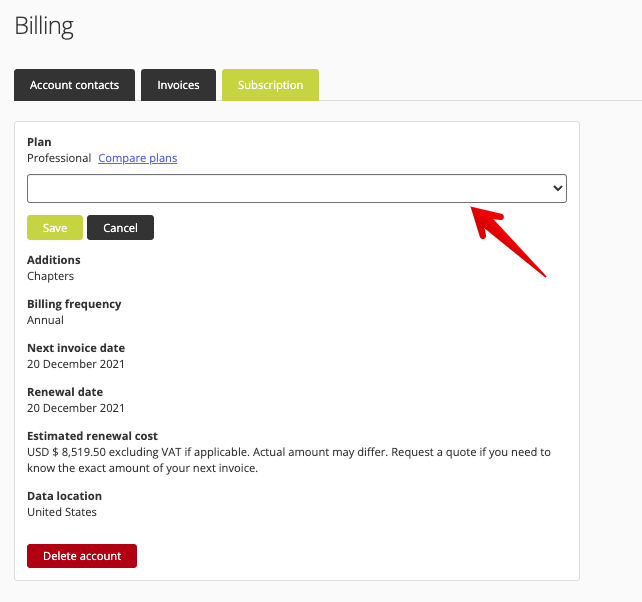 New plan selection drop-down