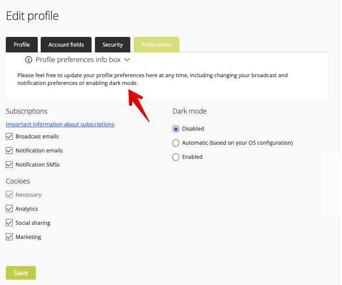 Profile preferences info box