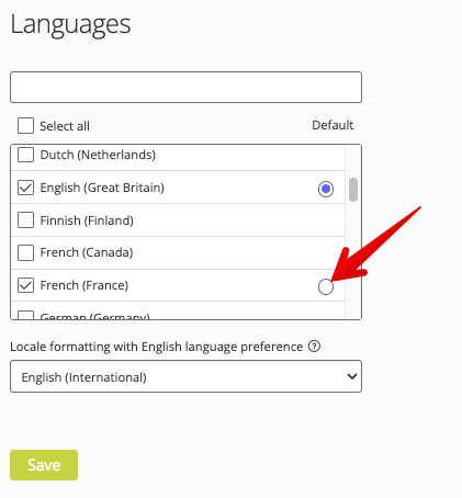 Default language radio button selector
