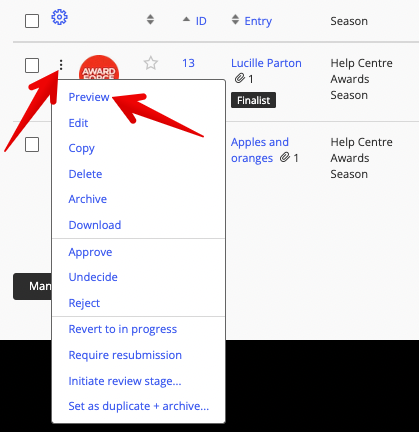 Preview from entries list
