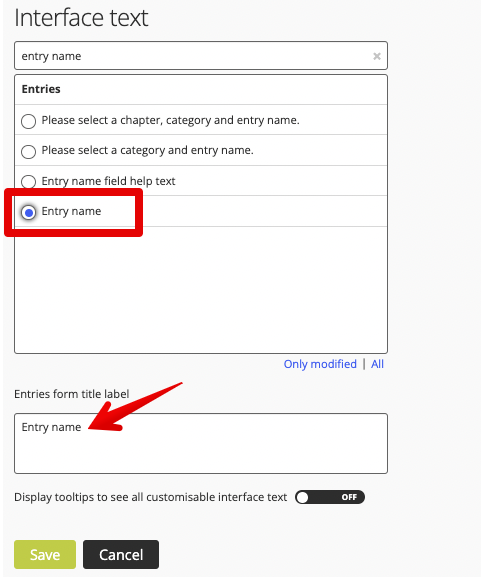 Entry name interface text option