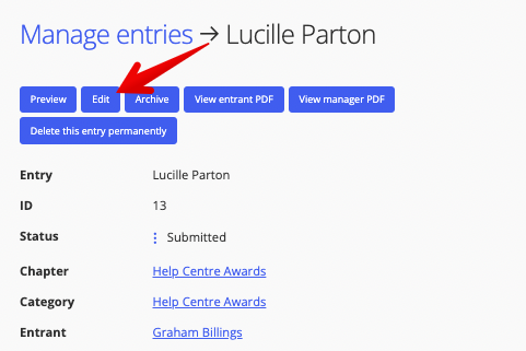 Edit option in Manager's view of an entry