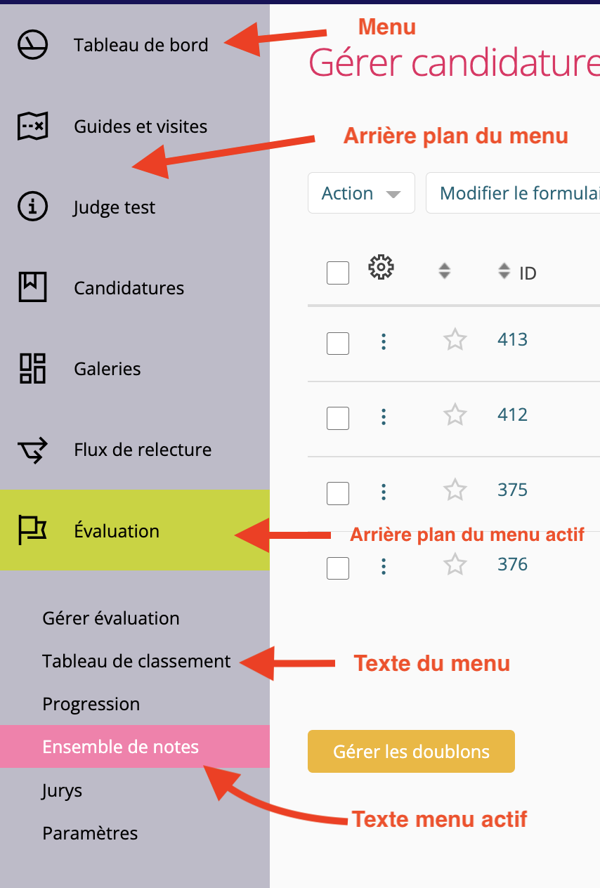 image montrant les menus de navigation à gauche