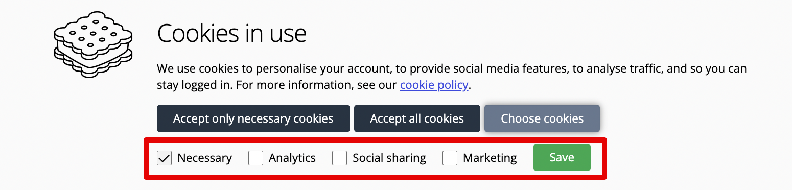 Cookies in use banner with optionable cookie types