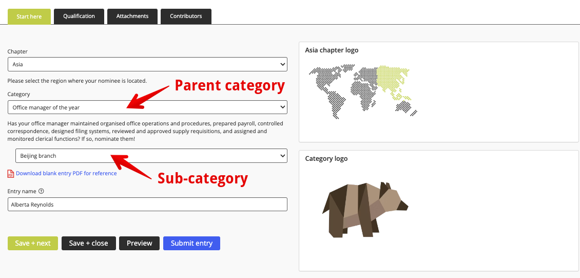 Parent and sub-category drop-downs on Start here tab