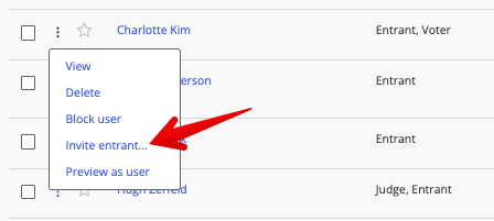 Invite entrant option in a user's ellipsis overflow menu