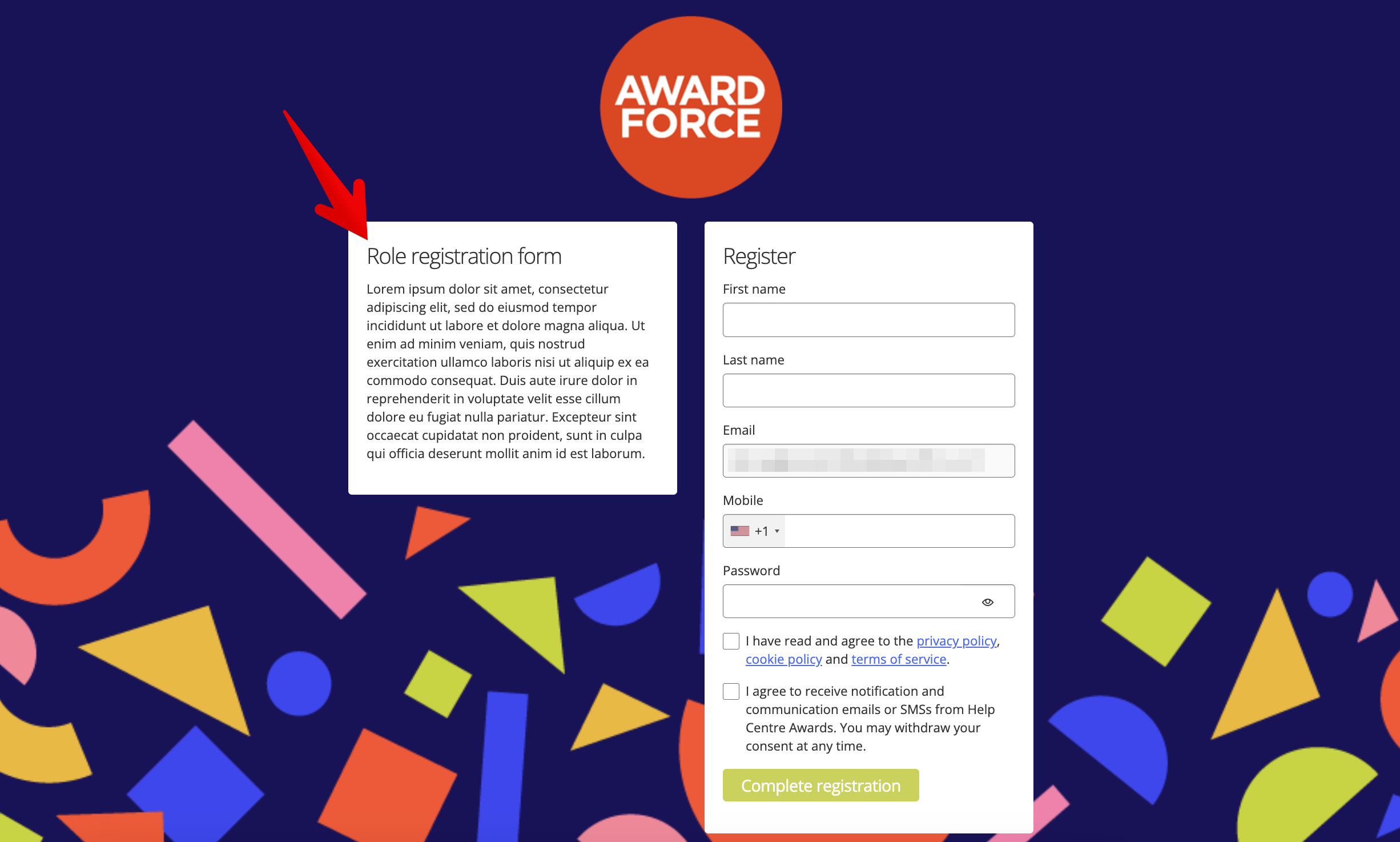 Role registration form example