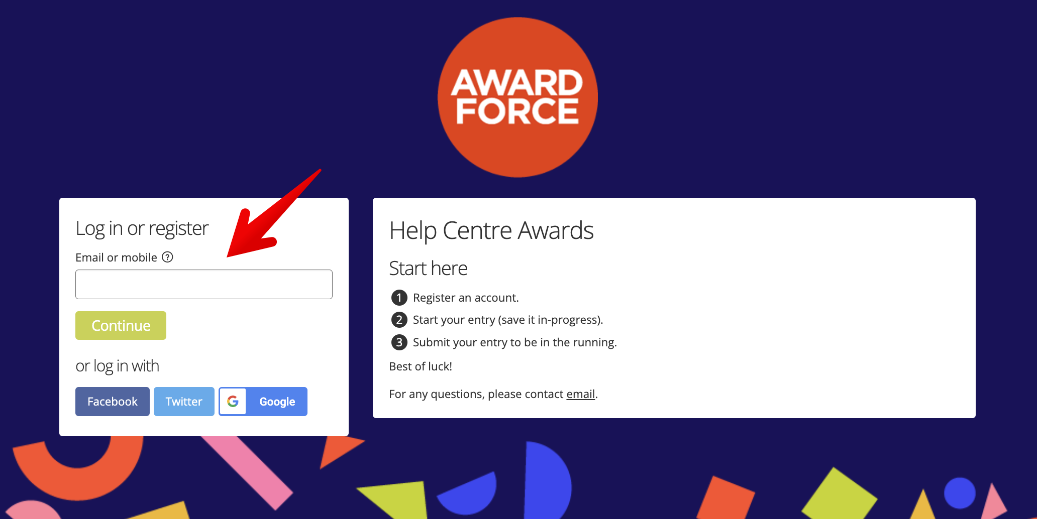 Log in or register box on home page