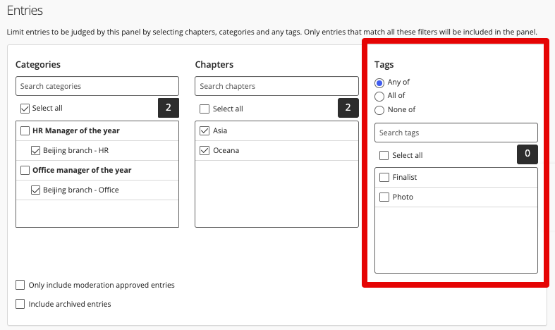 Tags in panels