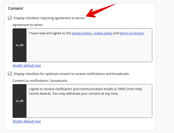 Display checkbox requiring agreement to terms under Consent heading