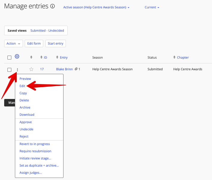 Edit from ellipsis menu in Manage entries