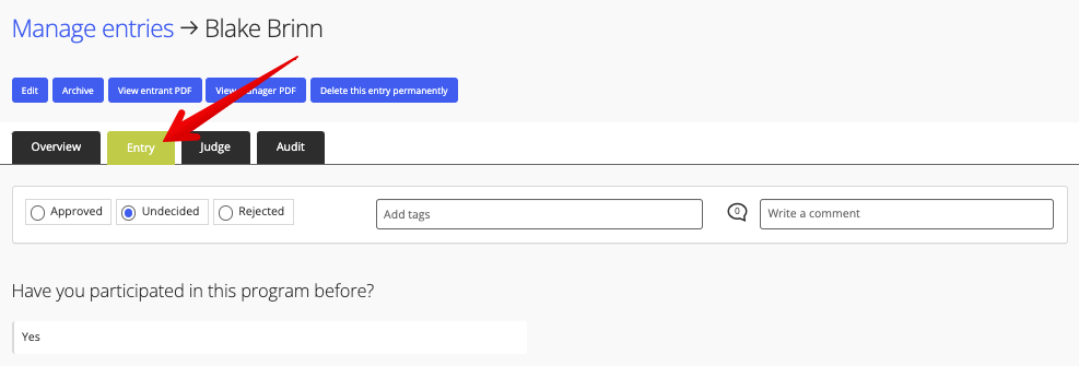 Entry tab of manager's view of an entry