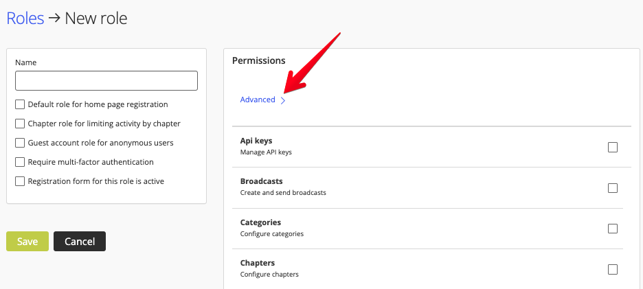 Advanced link in role settings
