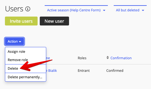 Delete option in Action drop-down