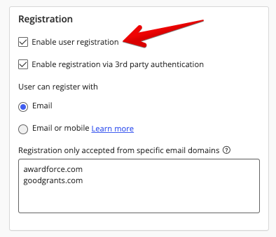Enable user registration checkbox